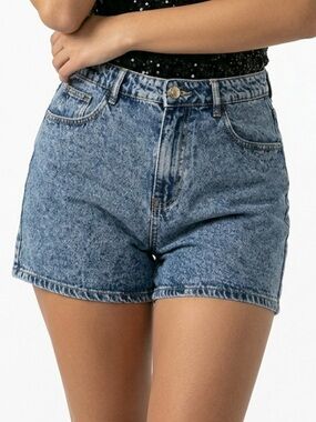 High-Rise Acid Wash Denim Shorts - Blue